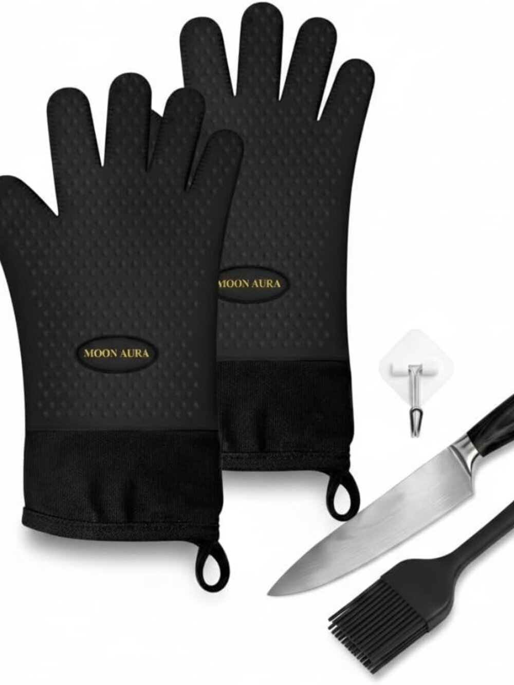 Moon Aura BBQ Gloves 13.38" Heat Resistant Silicone Oven Mitts Grilling Baking
